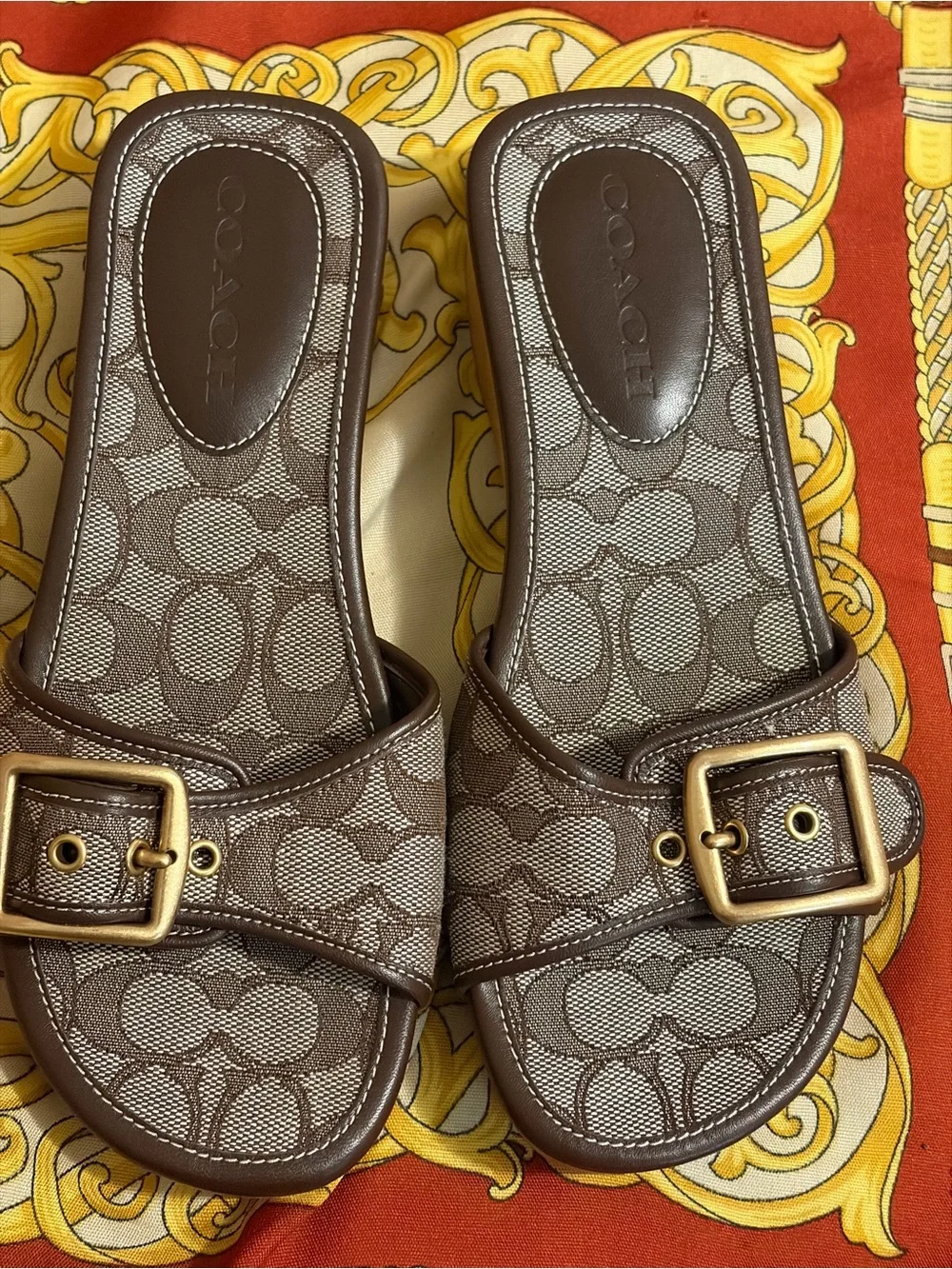 Coach Brown Signature Jacquard Slide Sandals with Gold Buckle